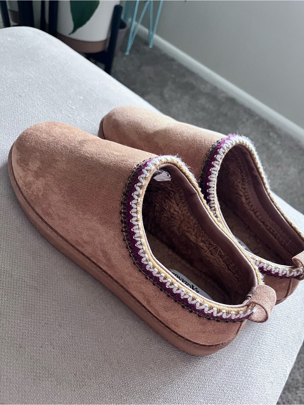 American Exchange Women's Suede Slip-On Slippers in Rose Taupe with Purple Trim